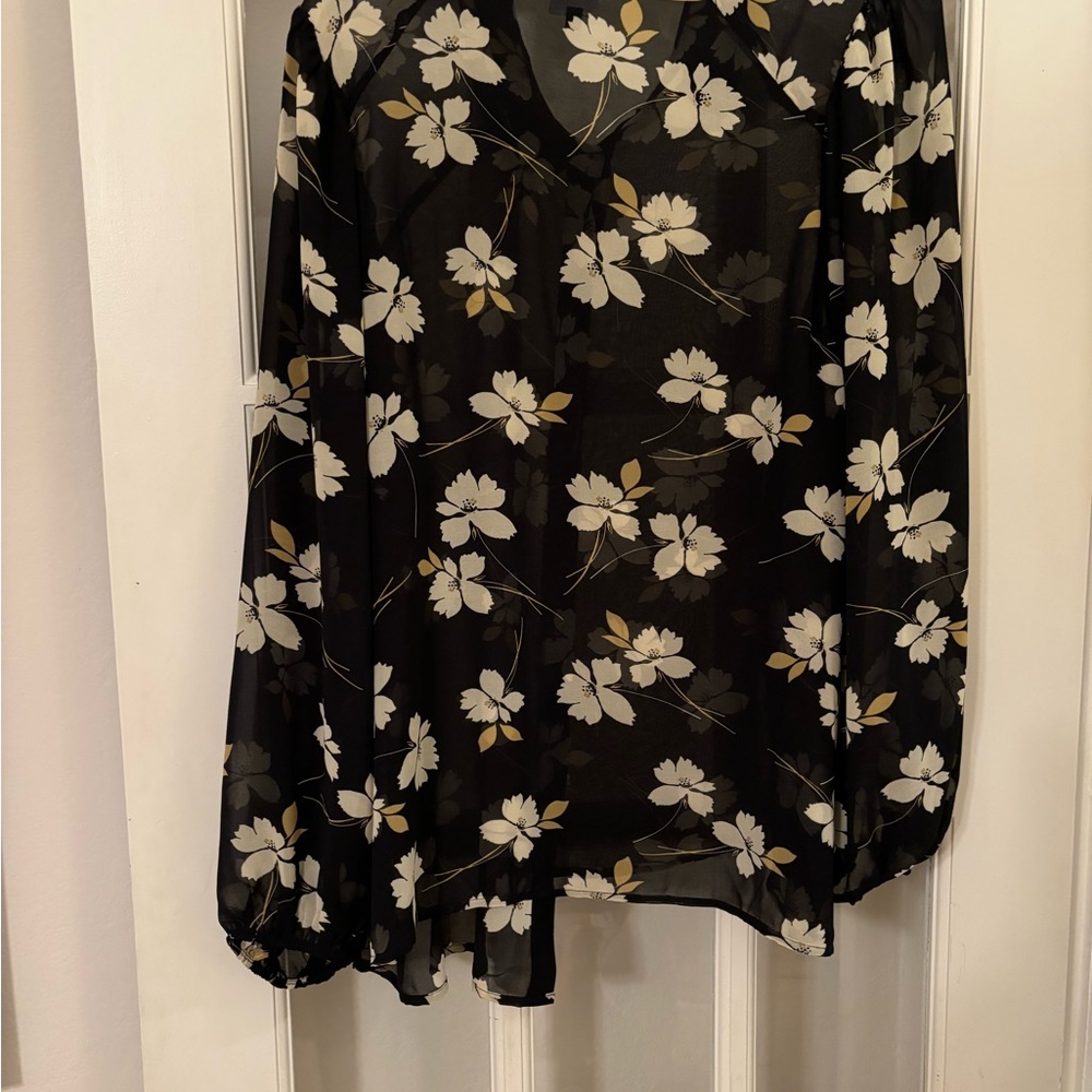 CAbi Black and White Floral Sheer Blouse with Notched Collar - Picture 3 of 6